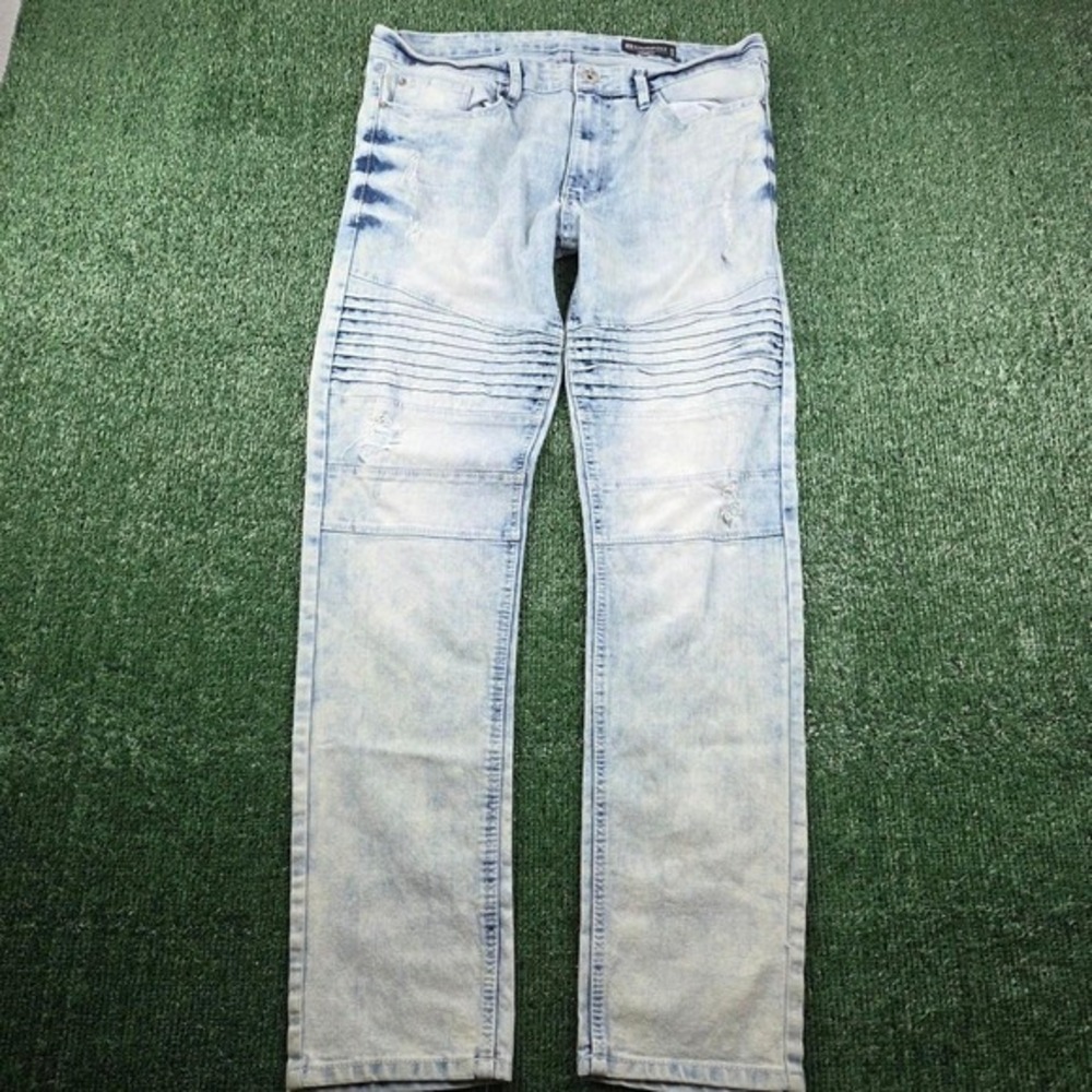 Southpole Mens Skinny Moto Jeans Light Wash Distressed Pleated Knee 34x32‎